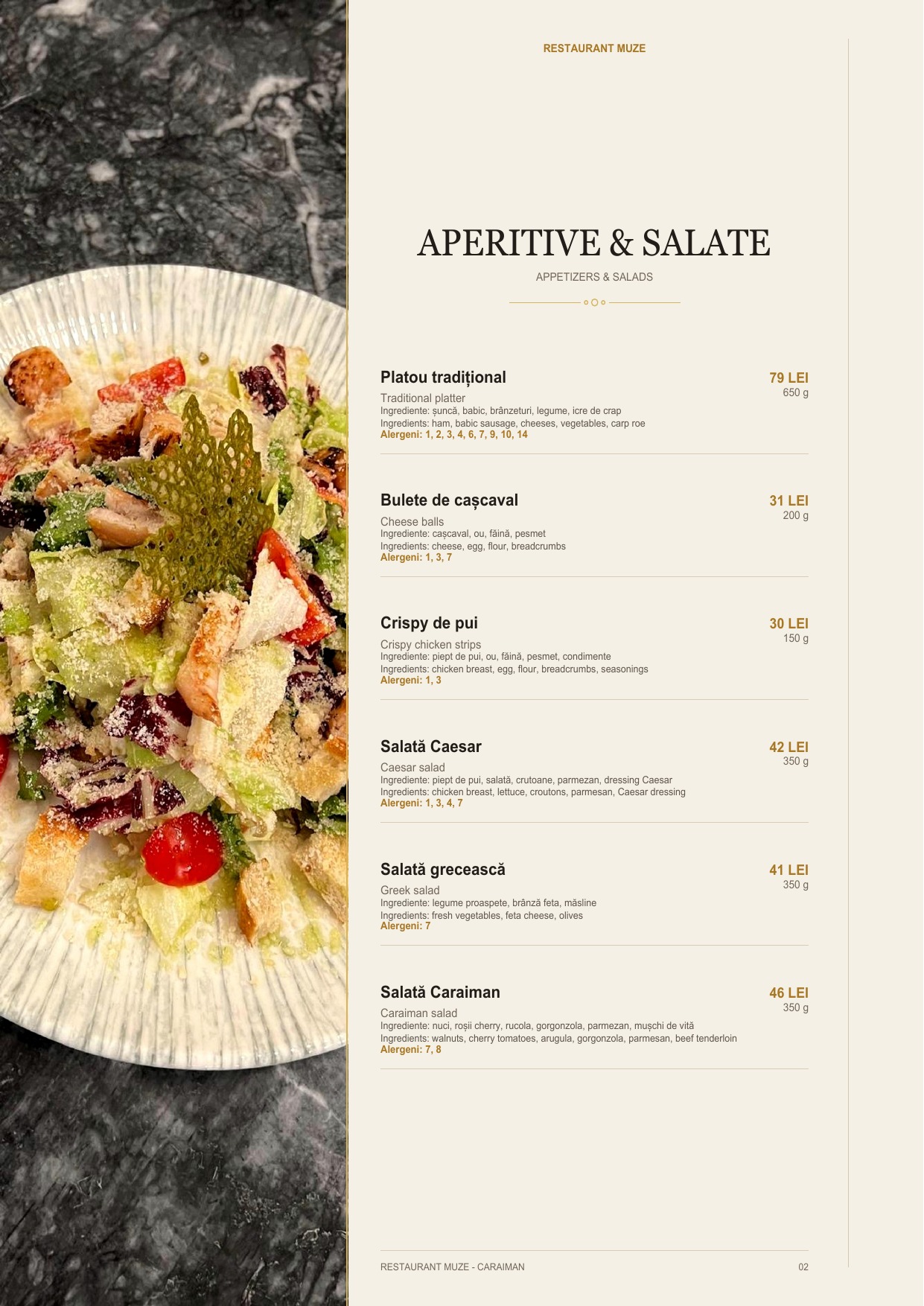 Pagina 1 din meniul Restaurantului MUZE