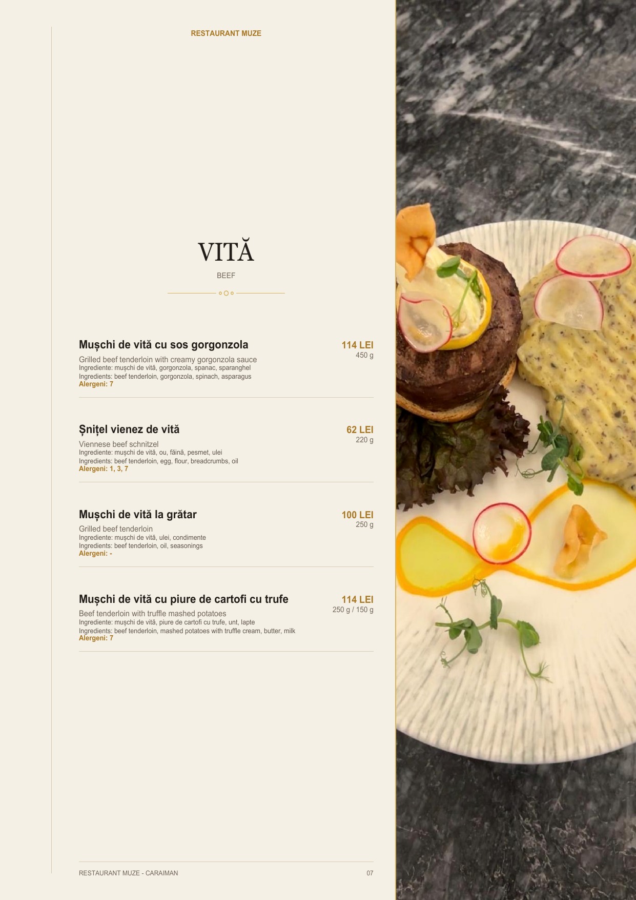 Pagina 6 din meniul Restaurantului MUZE