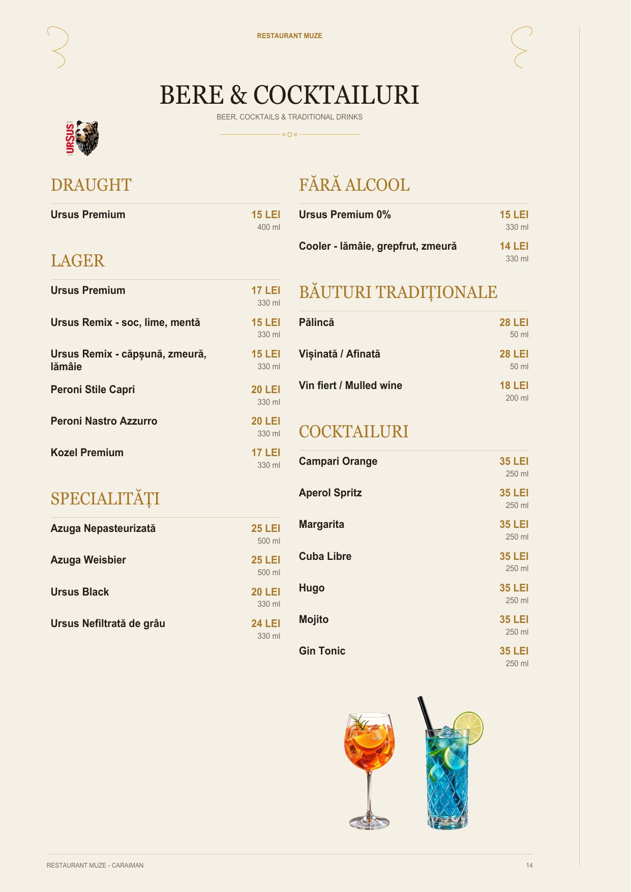 Pagina 13 din meniul Restaurantului MUZE